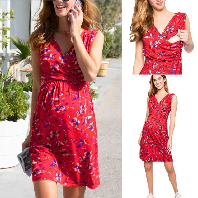 

Popular Red Color Tie-in Waist Pregnant Women's Dress Soft And Comfortable Cotton Spot Vestidos Gestante Pregnancy Dress