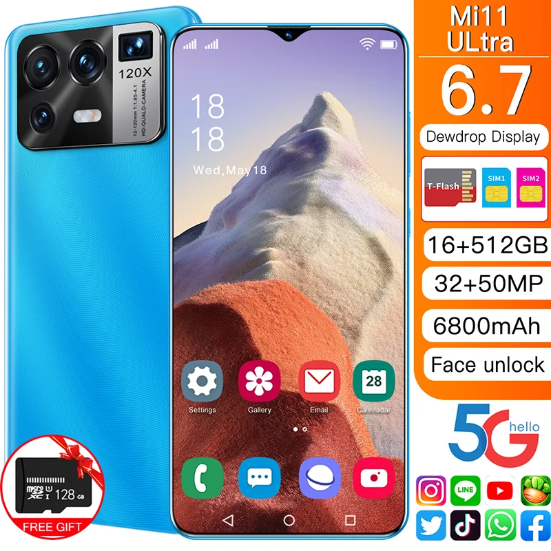 

Mi11 6.7Inch Smartphone 16G+512G 6800mAh Battery Global Version Android Mobile Phone Support Google Wifi 2 SIM 4G/5G Call Phone