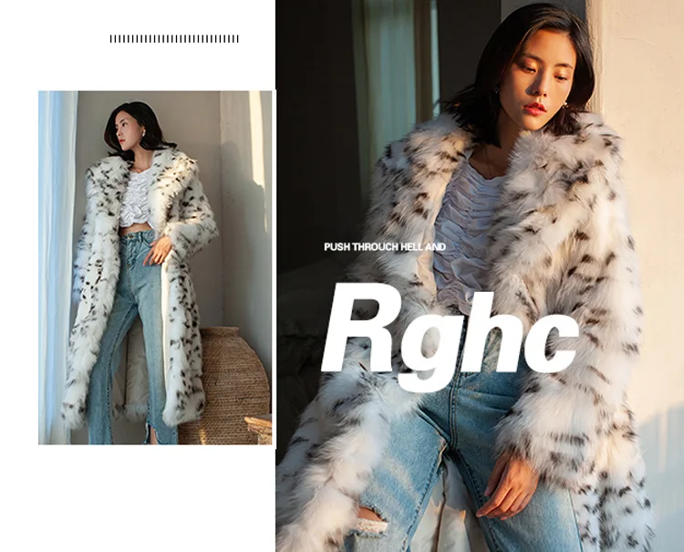 Ladies fur coat, fox fur coat, black dots, leopard print, long suit, large size, keep warm in winter