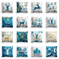 christmas new blue watercolor elk series polyester pillow case decorative pillows cover for sofa car home decoration accessories