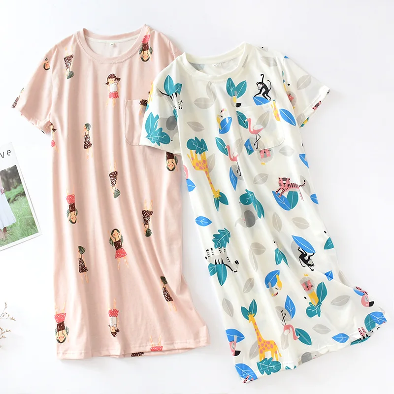 Ночная рубашка женская из 100% хлопка с принтом коротким рукавом | Женская одежда