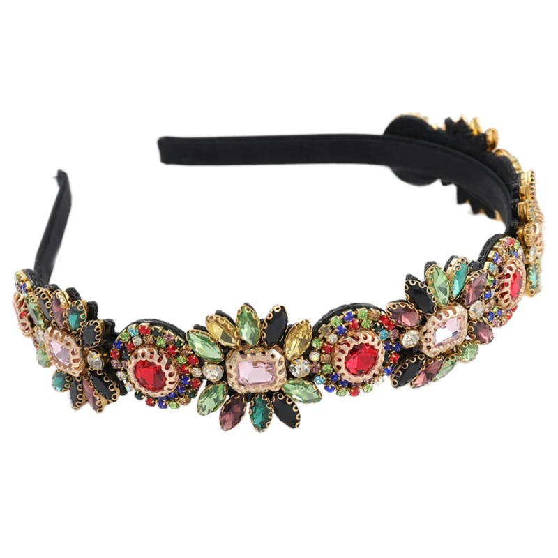 

Rainbow Glass Drill Floral Headband Glitter Rhinestone Vintage Metal Hair Hoop