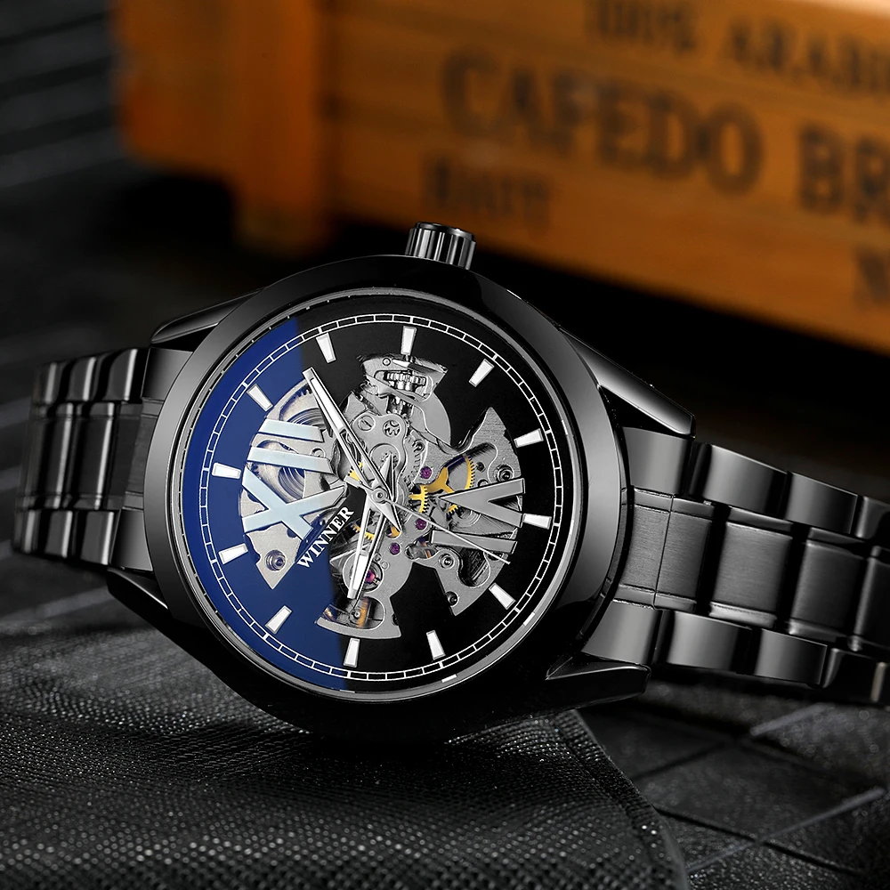 Часы наручные WINNER Мужские автоматические роскошные брендовые модные с синим