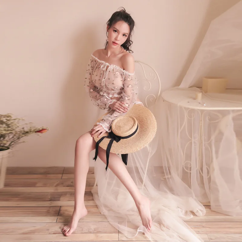 

Transparent Lace Edge Underwear Flower Embroidery Slash Neck Long Sleeve Blouse Blusas Femininas Elegante Womens Clothing