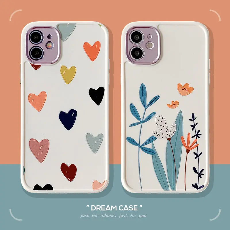 

Cute Love Heart Flowers Phone Case For iPhone 11 Pro Max 12 13 Mini X XS Max XR 8 7 Plus Soft TPU Silicone Full Protective Cover