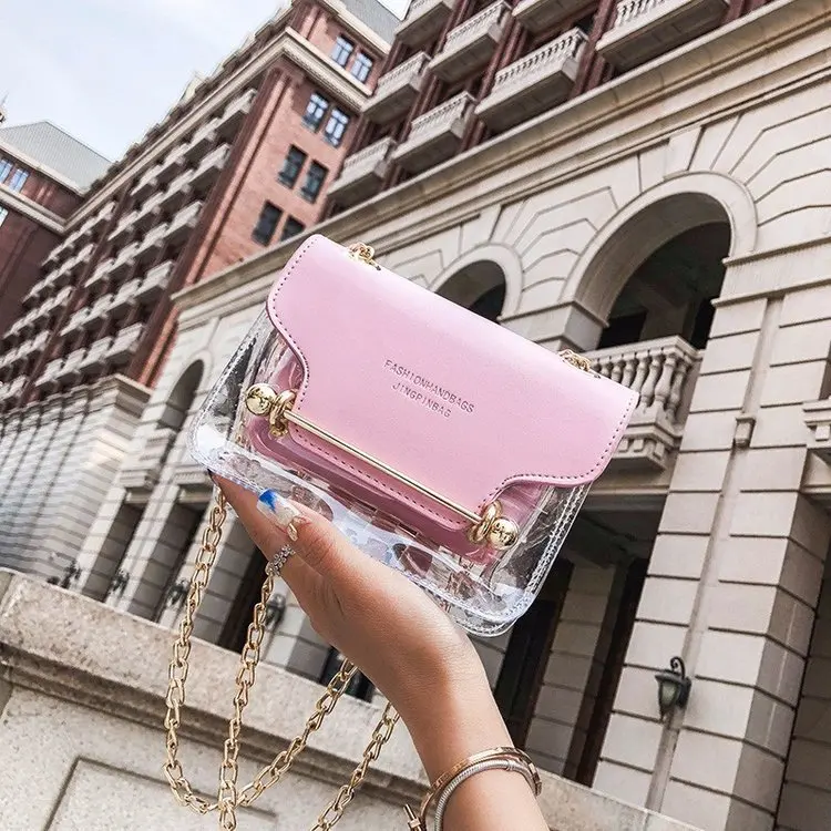 

Fashion female chain design small square shoulder bag transparent jelly transparent PU composite messenger bag new female bag