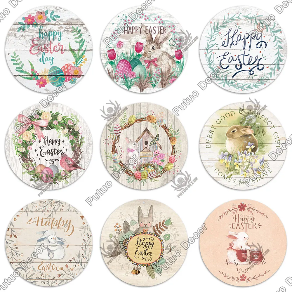 putuo decor easter round wooden sign rabbit wall plaque wood gift for home family easter theme filled eggs hunt party door decor free global shipping