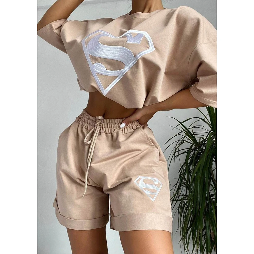 

Summer Women Sweatshirts Two Piece Sets Embroidery Hoodie Casual Short Pullover Tops Pant Ladies Joggers Femme Sweatsuit Outfits