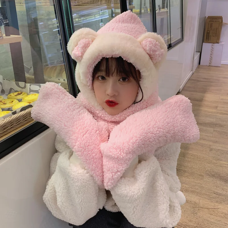 

Winter Women Warmer Scarf Lovely Bear Ears Soft Plush Hat Hooded Scarves Faux Fur Fluffy Animal Cap Scarf with Pocket for Girl