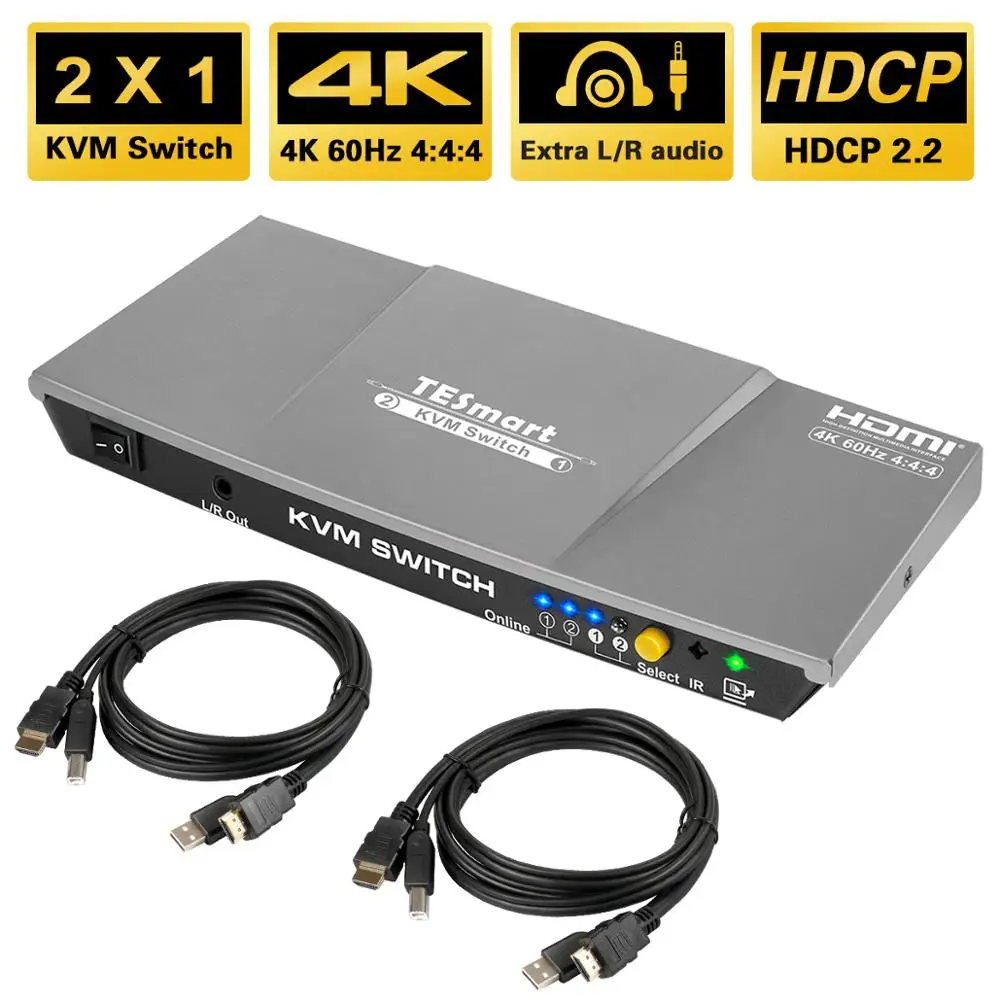 HDMI 4K@60Hz Ultra HD 2x1 HDMI KVM Switch 3840x2160@60Hz 4:4:4 with 2 Pcs 5ft KVM Cables Supports USB 2.0 Devices