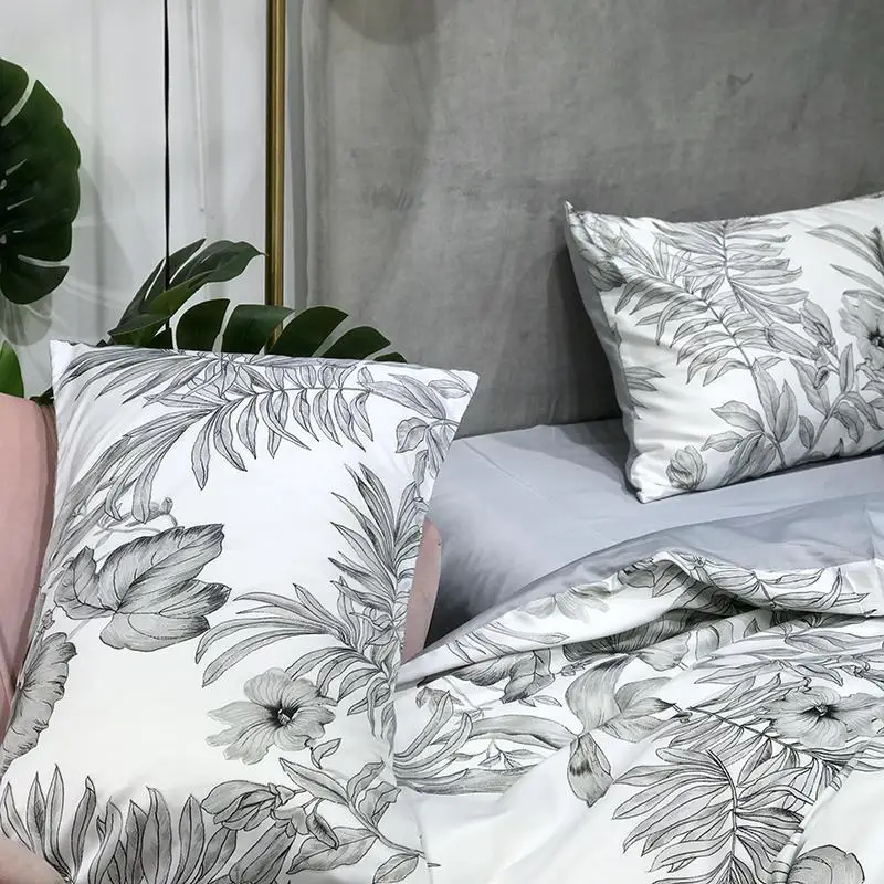 

J 2020 Grey Plant Leaves Pastoral Bedlinens Satin Silk Bedding Set Queen King Size Pillowcase Flat sheet Duvet Cover Set
