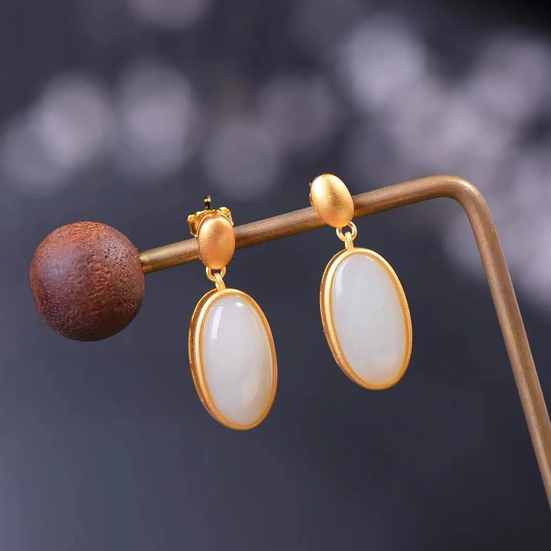 

Natural 925 silver inlaid Hetian jade earrings