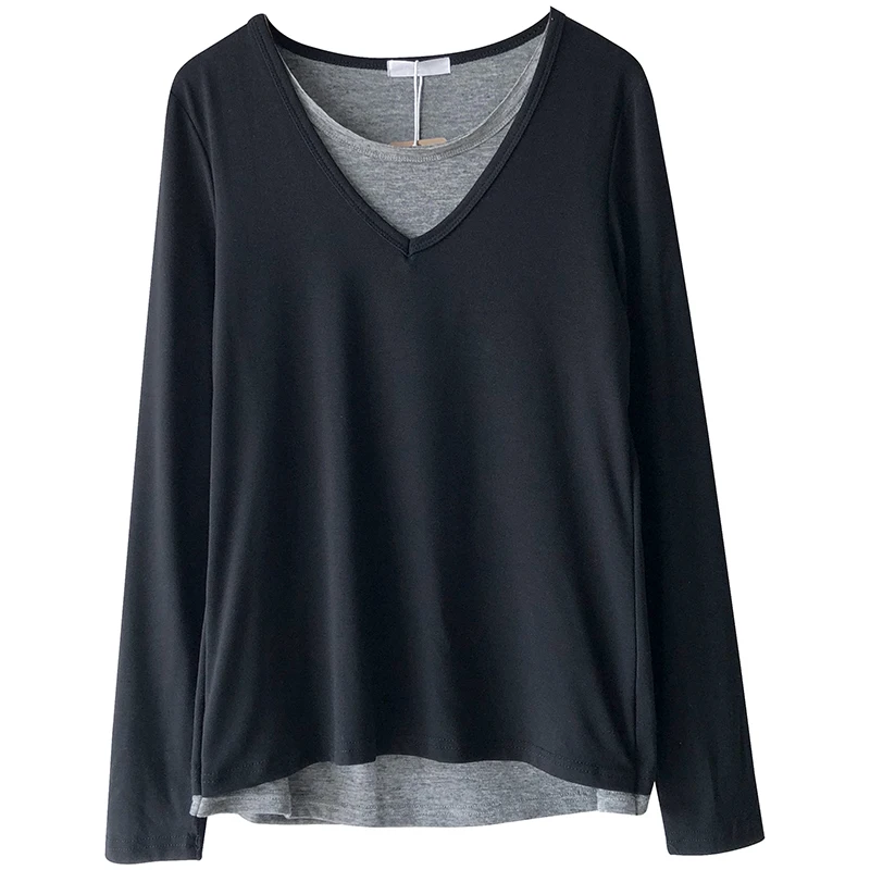 

Women Spring Autumn Fashion Simple Japan Style V Neck Fake Two Pieces Long Sleeve Loose Cotton Tshirt Office Lady Casual Tees