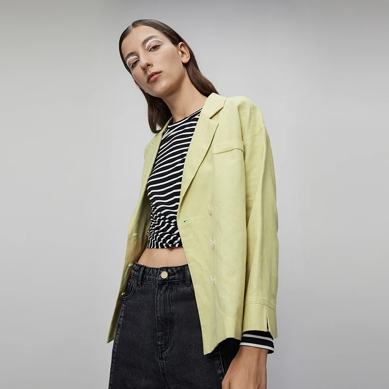 Женский офисный Блейзер Toyouth однотонный двубортный пиджак из хлопка и льна с