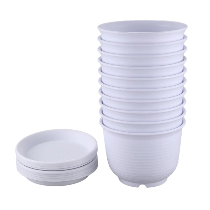 

18.4Cm Plastic Planter Pots With Saucer, Seeding Nursery Planter Pot With Drainage Hole For Flowers Herbs Indoor 10Pcs