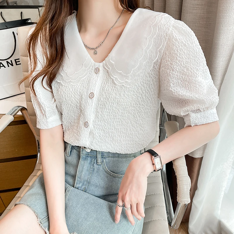 

Thin Chiffon Shirt Women 2021 Summer Tops Button Preppy Style Peter Pan Collar Short Sleeve Blouse Woman Clothes Chemisier Femme