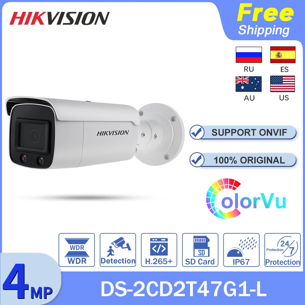 

Original Hikvision IP Camera CCTV DS-2CD2T47G1-L 4MP ColorVu Webcam Acusense Security Camera Outdoor Video POE SD Card IP67