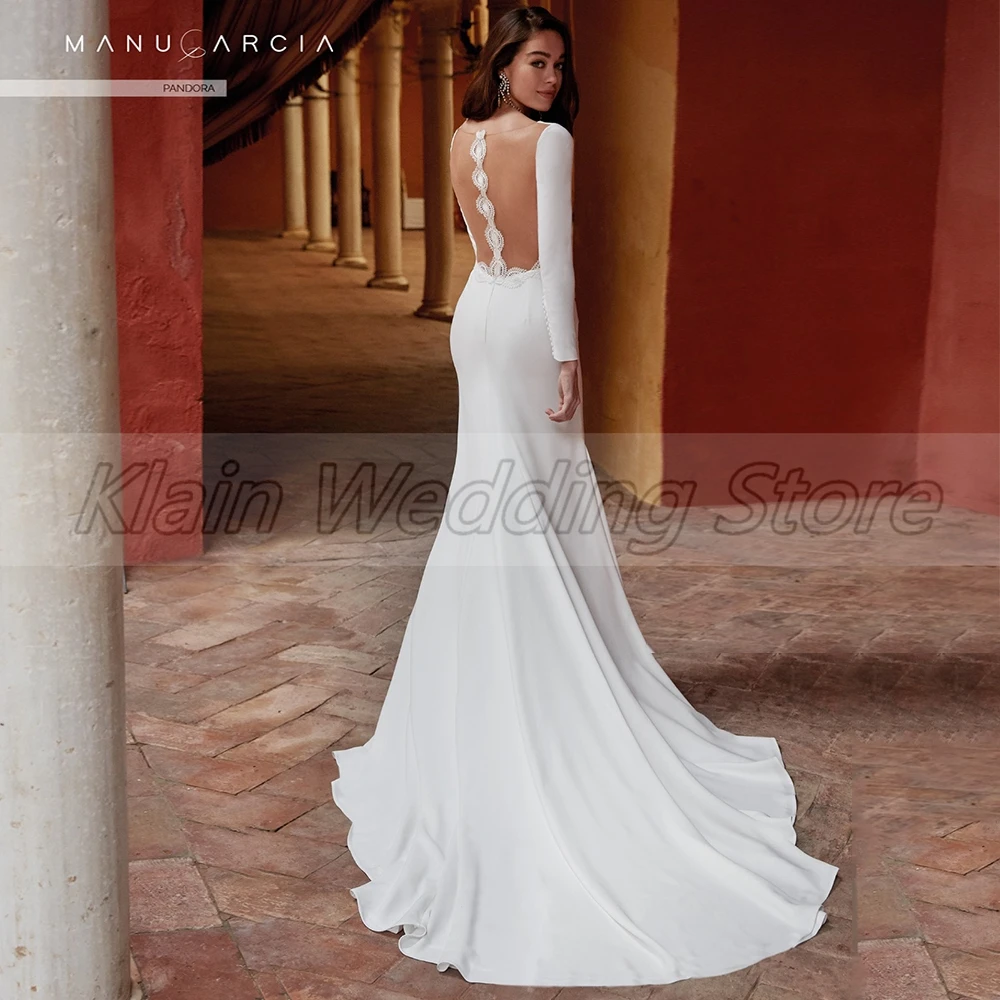 

Elegant Court Train Jersey Mermaid Wedding Gowns 2021 V-Neck Appliques Pleats Long Sleeve Bridal Dresses Robe De Marie