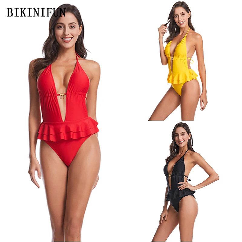 Новинка 2020 купальник с V образным вырезом женская юбка цельный костюм однотонная