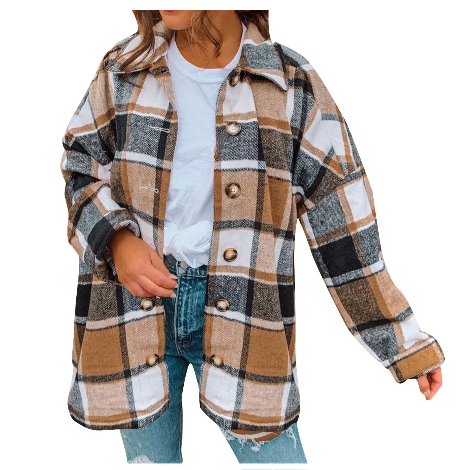 

Women Fashion Plus Size Lattice Lapel Single-breasted Casual Loose Jackets Autumn Winter Lady Overcoat 2020