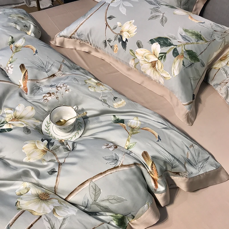 

Silk 60S Double-Sided Tencel Printed Bed Four-Piece Set American Summer Ice Silk Naked Sleeping Sheets Quilt Cover 1.8M Bedding