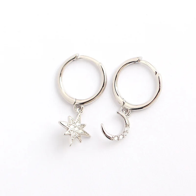 

Dainty 100% 925 Sterlling Silver Pave Crystals Diamond Zircon Stone Moon Star Charms Drops Hoop Earrings for Women Girl Gift New