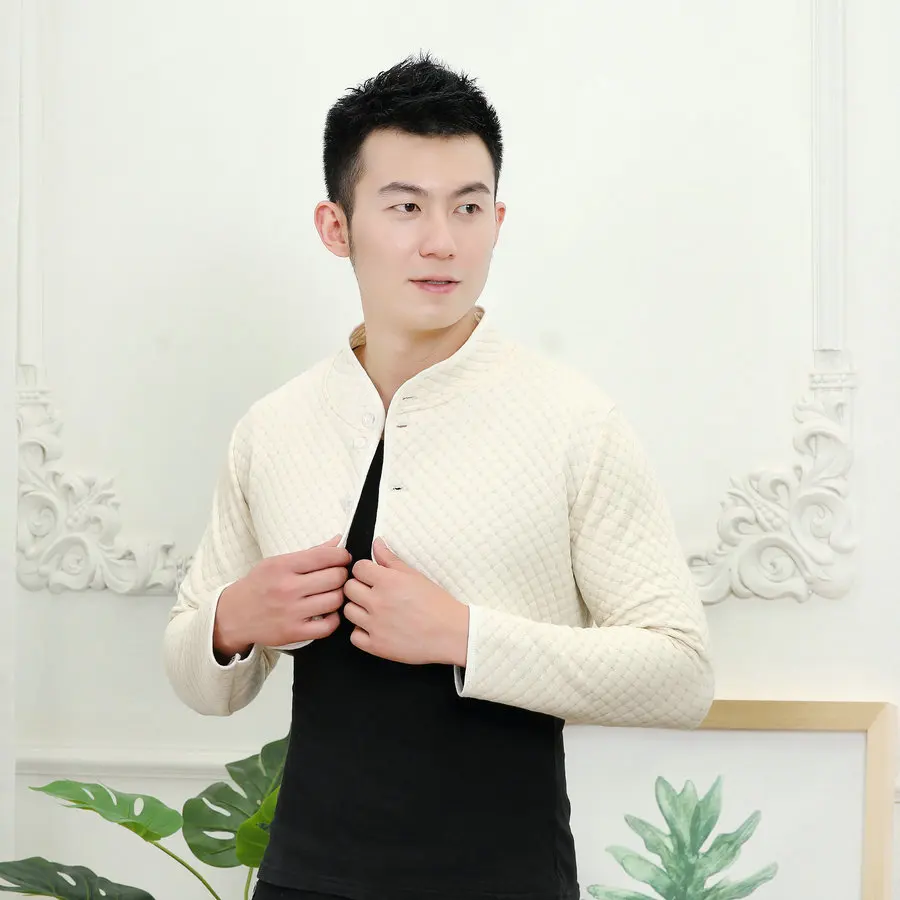 Autumn Winter Men Quilted Bolero Coat Beige Gray Mandarin Collar Long Sleeve Cotton Soft Thicken Lightweight Shoulder Pad Jacket