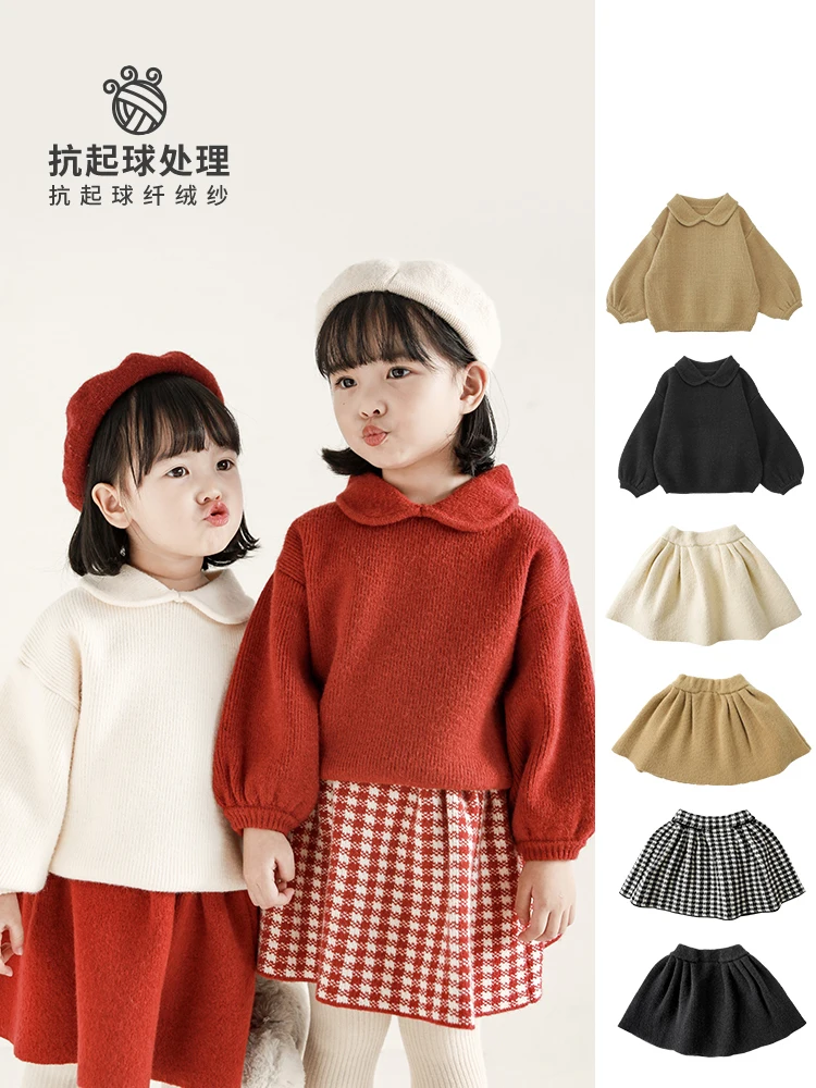 

Girls Winter New Suit Bubble Sleeve Small Lapel Sweater Baby Children Pleated Skirt