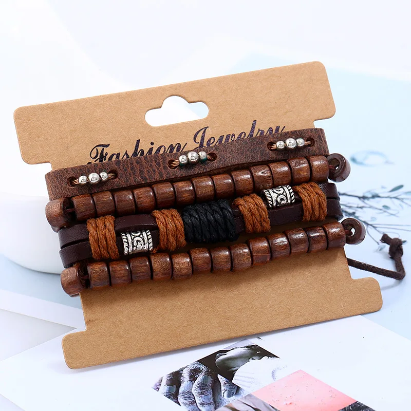 

AJC New style braided bracelet DIY wooden bead braided suit cowhide bracelet combination men's jewelry bracelet