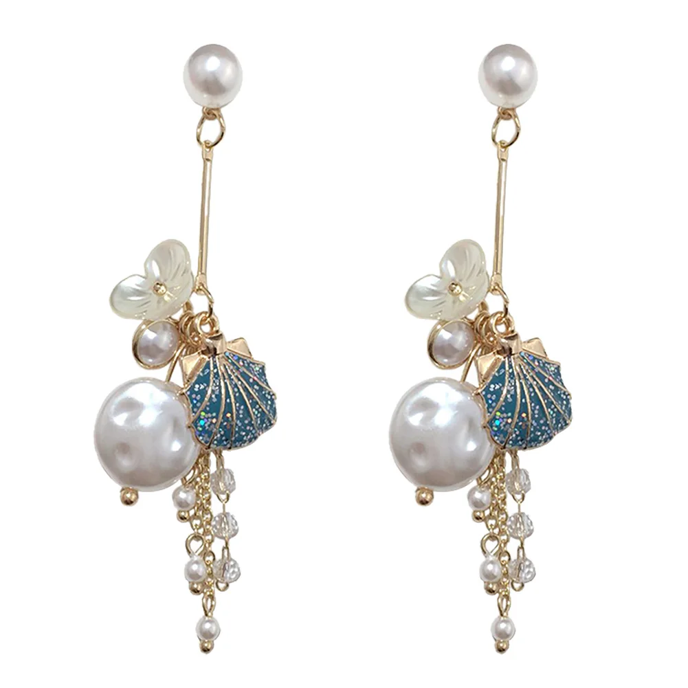 

New Arrival Vintage Simulated-pearl Fresh Blue Tassel Flower Drop Earrings for Women Pendientes Woman Fashion Statement Jewelry