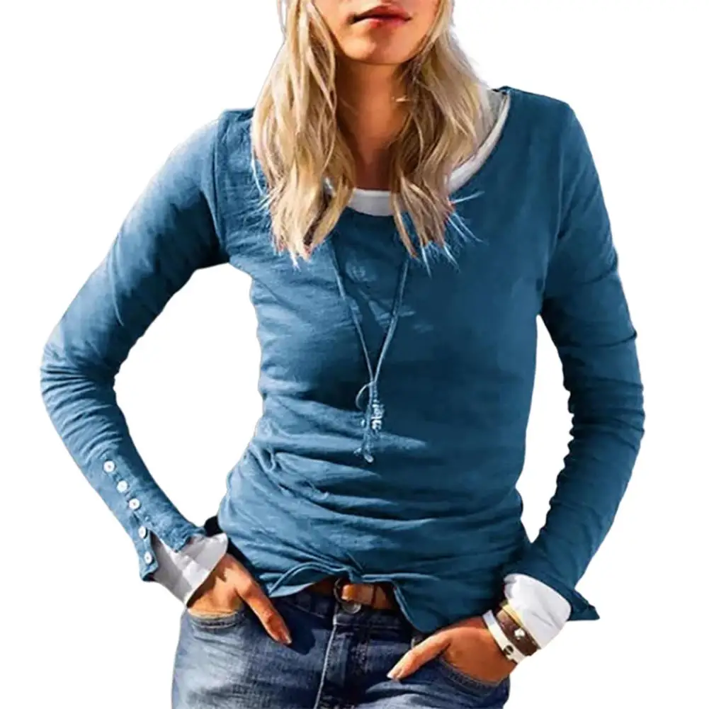 

Women Casual O Neck Long Sleeve Buttons Cuff Slim Pullover Blouse Bottoming Top O Neck Slim Style All Match Buttons Polyester