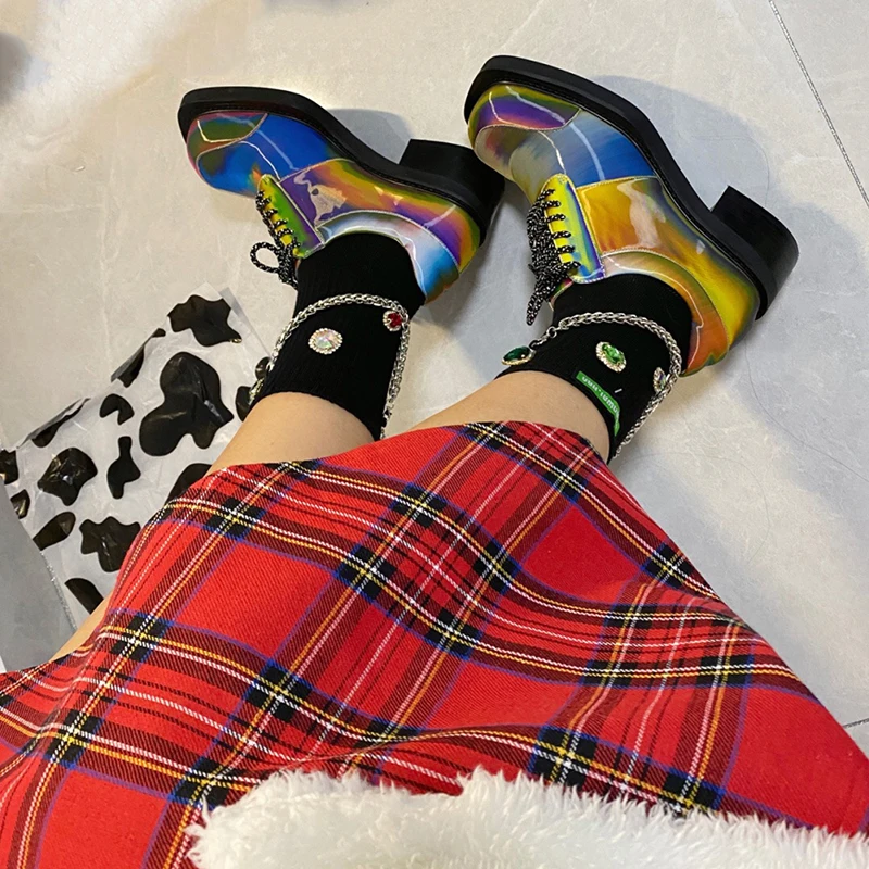 

Womens Square Toe Rainbow Laser Colors Lace Up Chunky Mid Heel Wingtip Patent Leather Retro Shoes Vintage New 2021