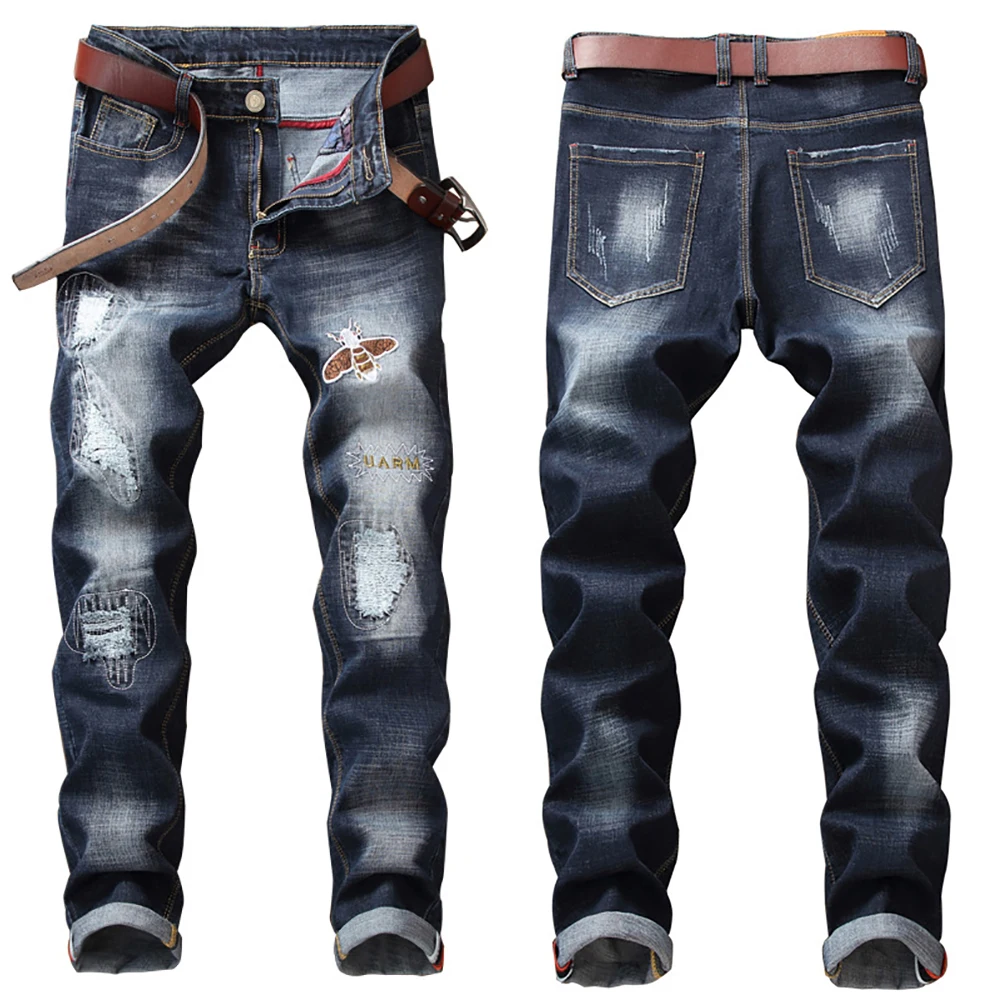 

Men’s high quality slimming black denim pants embroidery decors ripped jeans wash&scratches casual jeans pants;