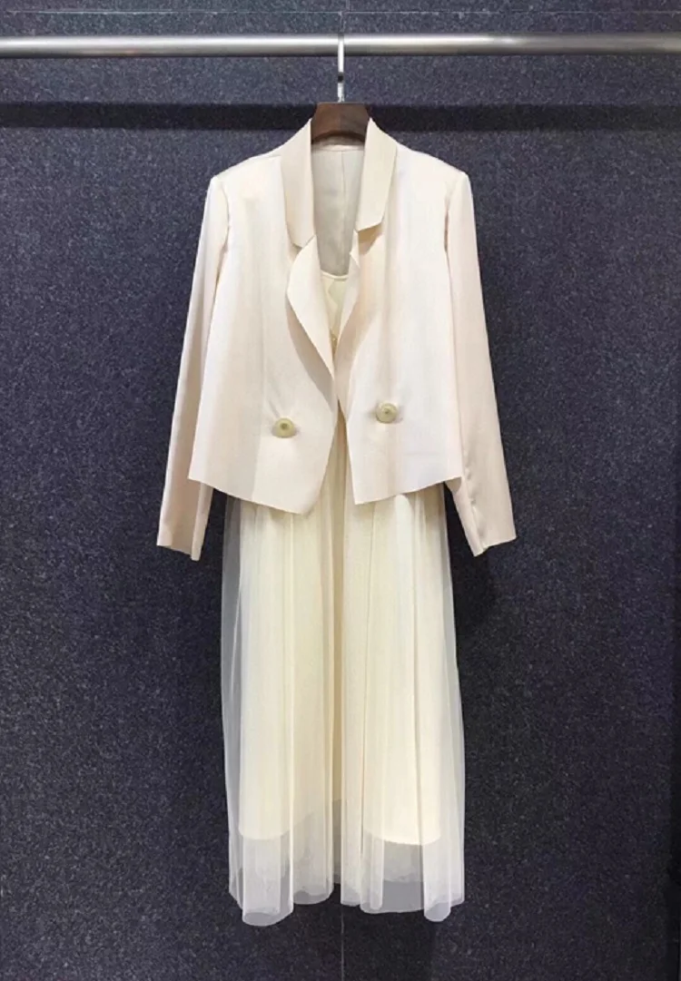 

High Quality Blazer Sets 2021 Autumn Suit & Set Women Long Sleeve Blazer Suits+Mid-Calf Length Sexy Tulle Mesh Strap Dress Set