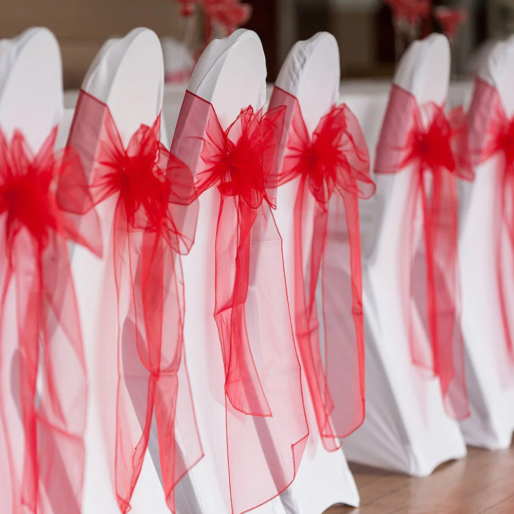 

25pcs 18cmx275cm Organza Chair Sash Bow For Cover Banquet Wedding Party Event Chrismas Decoration Sheer Organza Fabric Supply