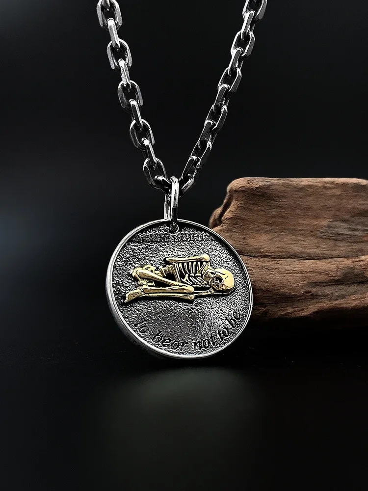 

100% 925 Silver Distressed Skull Round Coin Pendant Male Thai Silver Coin Retro Street Trend Hip Hop Round Coin Pendant