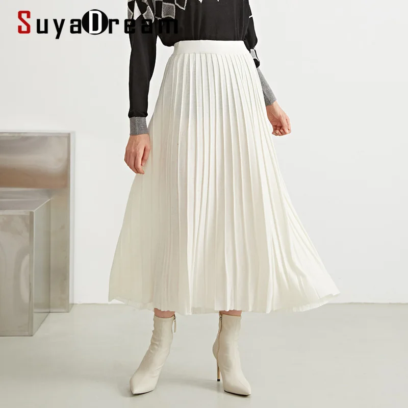 

SuyaDream, женские зимние юбки, 33.2% шерсть, длинная Плиссированная юбка трапециевидной формы, 2021, Осень-зима, на подкладке, белого цвета и цвета ха...