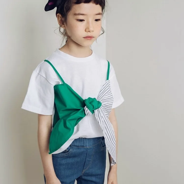 Детская футболка для девочек хлопковая в полоску с бантом стиле пэчворк белые