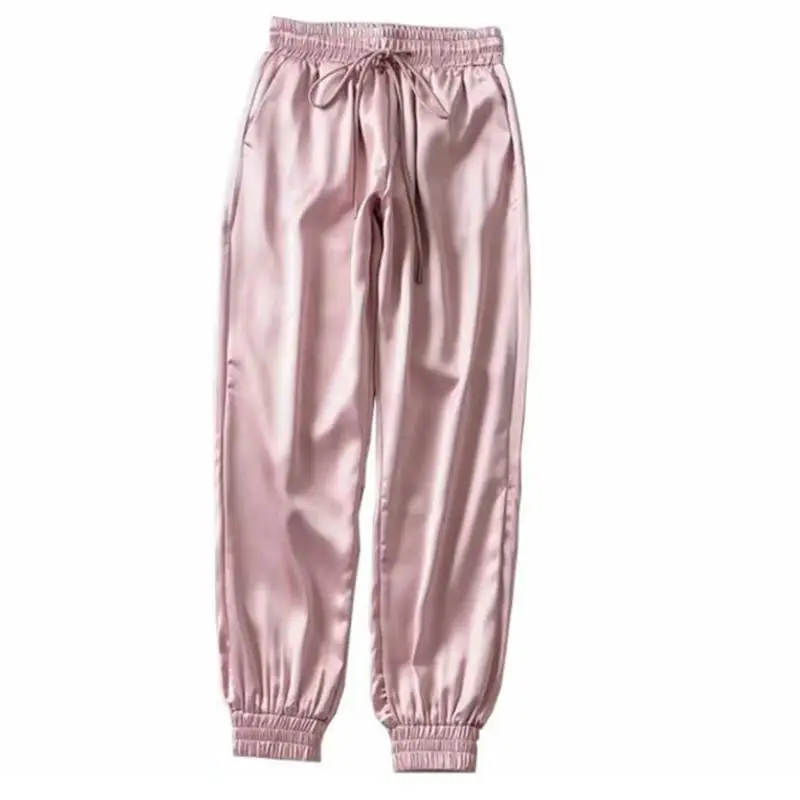 Pantalones de satén para mujer, pantalón de cintura alta, color rosa, verde, Otoño e Invierno