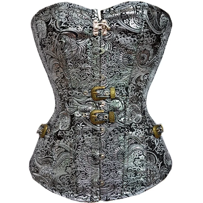 

Silver Gothic Corset Overbust Bustier Retro Vintage Pirate Cosplay Gorset Jacquard Floral Slimming Waist Trainer Shaper Outwear