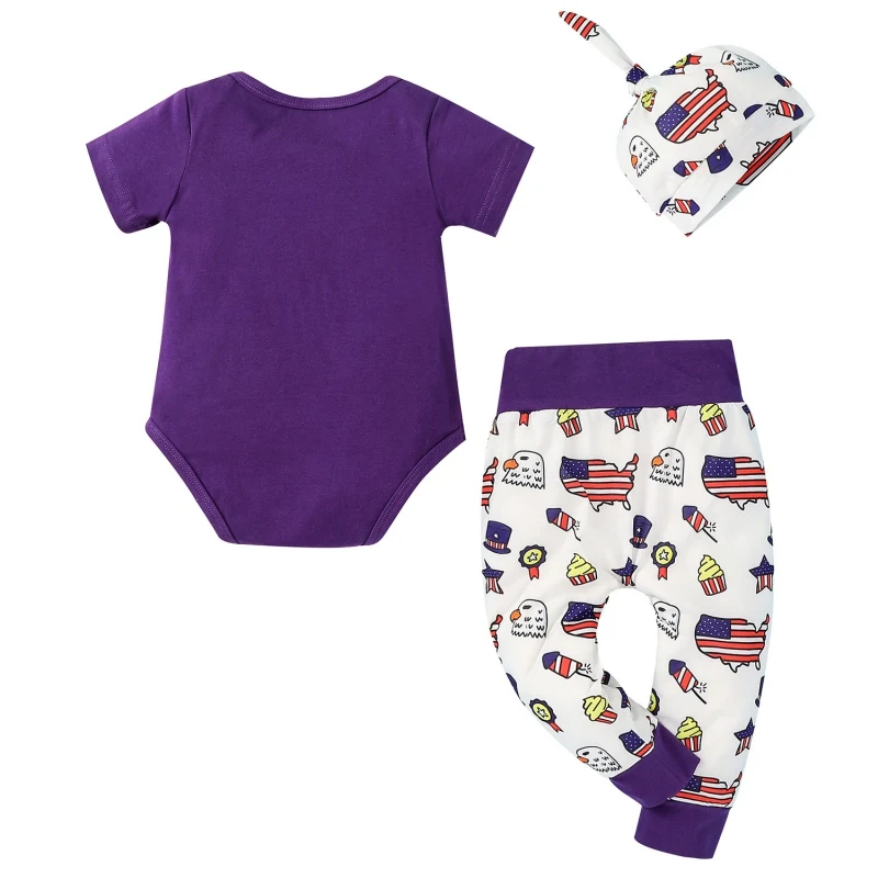

Baby Independence Day Set 3Pcs Newborn Letter Print Short Sleeve Romper Stripe Trousers Hat OutfitsBaby Boy Casual Romper Sets