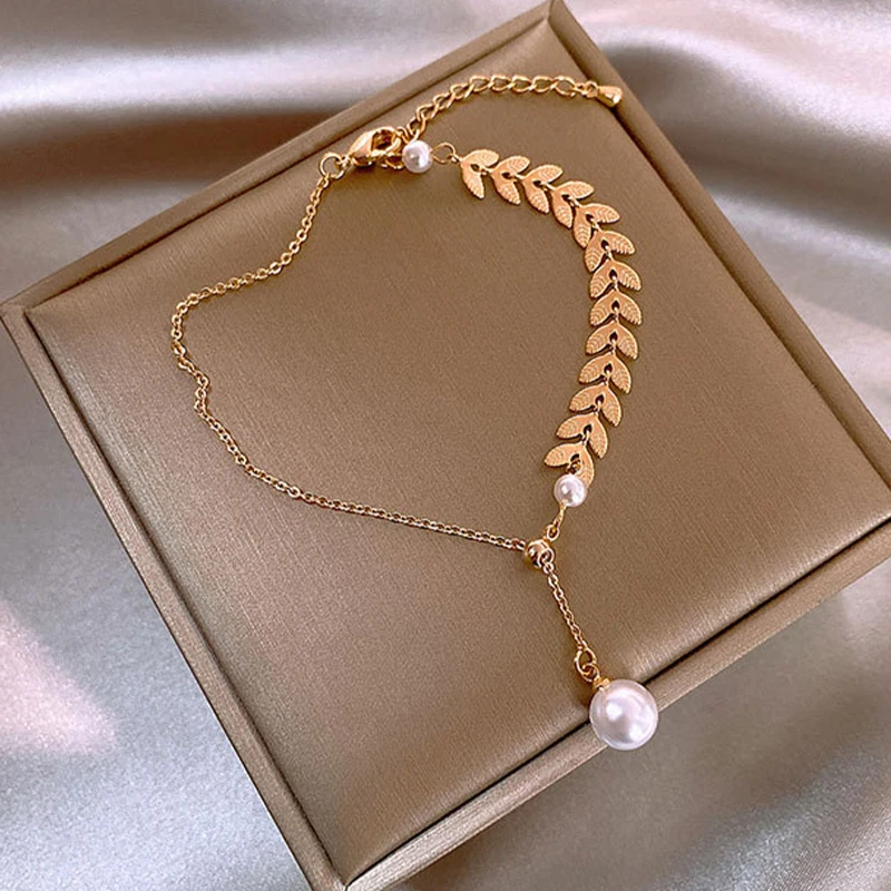 

2021 Trend Charm Bracelet For Women Jewelry Luxury Stainless Steel Crystal Pearl Gothic Wheat Ear Anime Gifts For The New Year