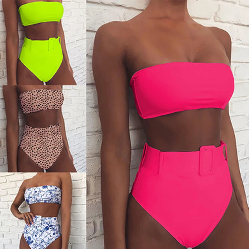 Женский купальник бикини бандо с высокой талией и цветочным принтом