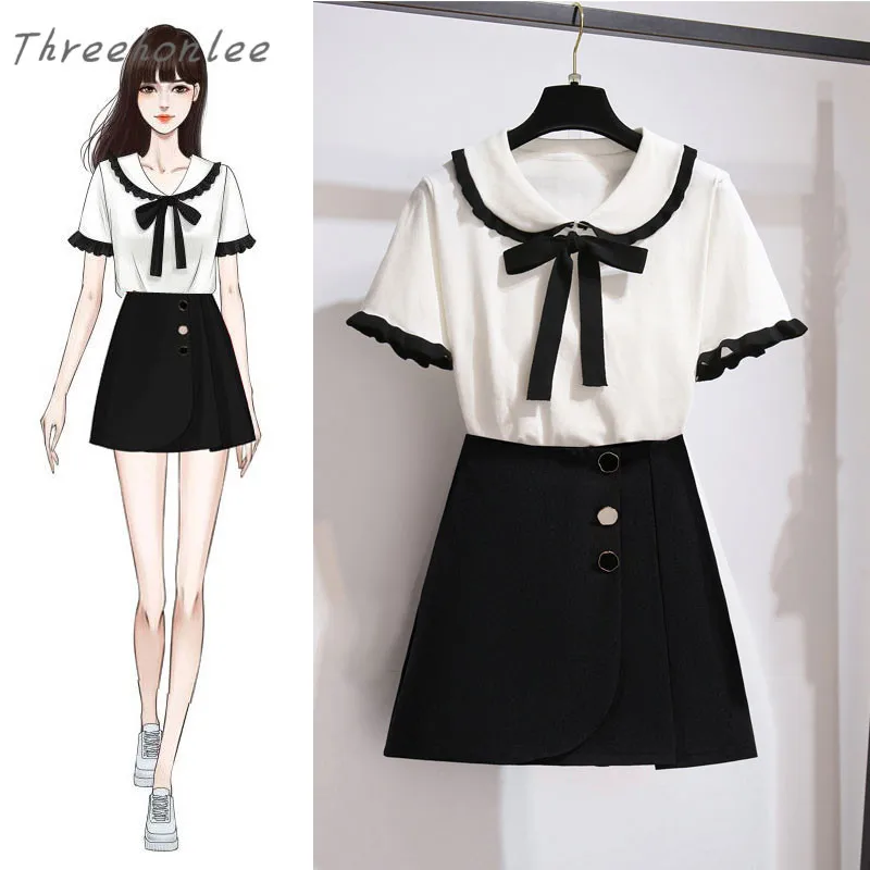 

2021 Summer New Korean Casual Two Piece Sets Woman Solid Bow Sweater And A-Line High Waist Short Skirt Female Fashion Sweet Suit