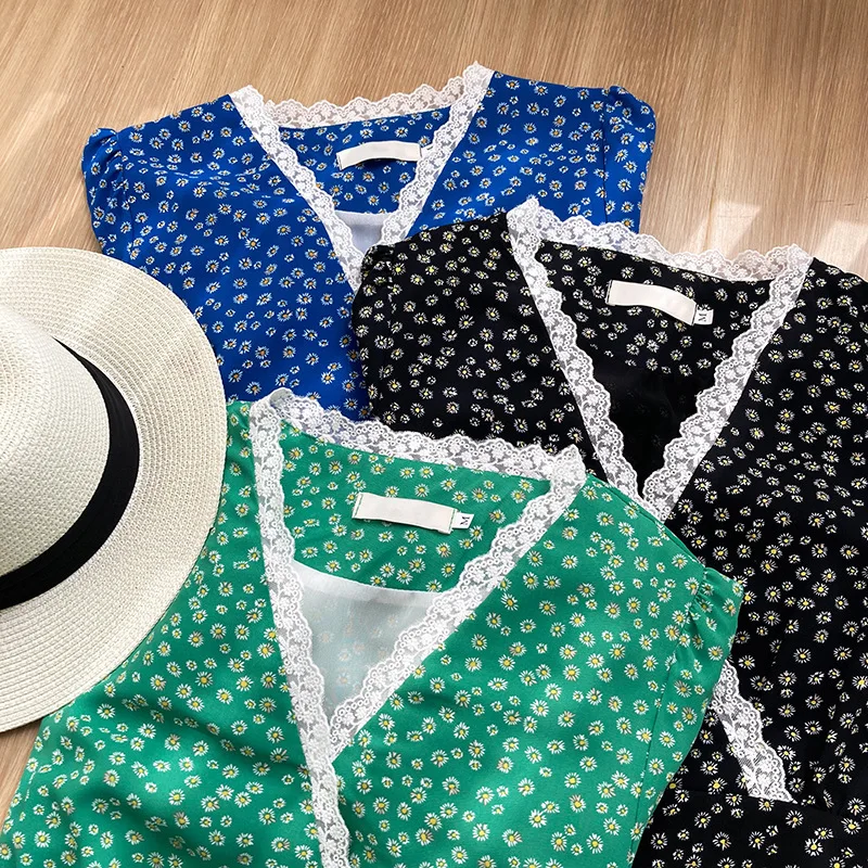 

V Neck Puff Sleeve Lace Women Floral Dress Summer High Waist Short Sleeve A-line Dress Elegant Lace Stitching Lady Midi Dress