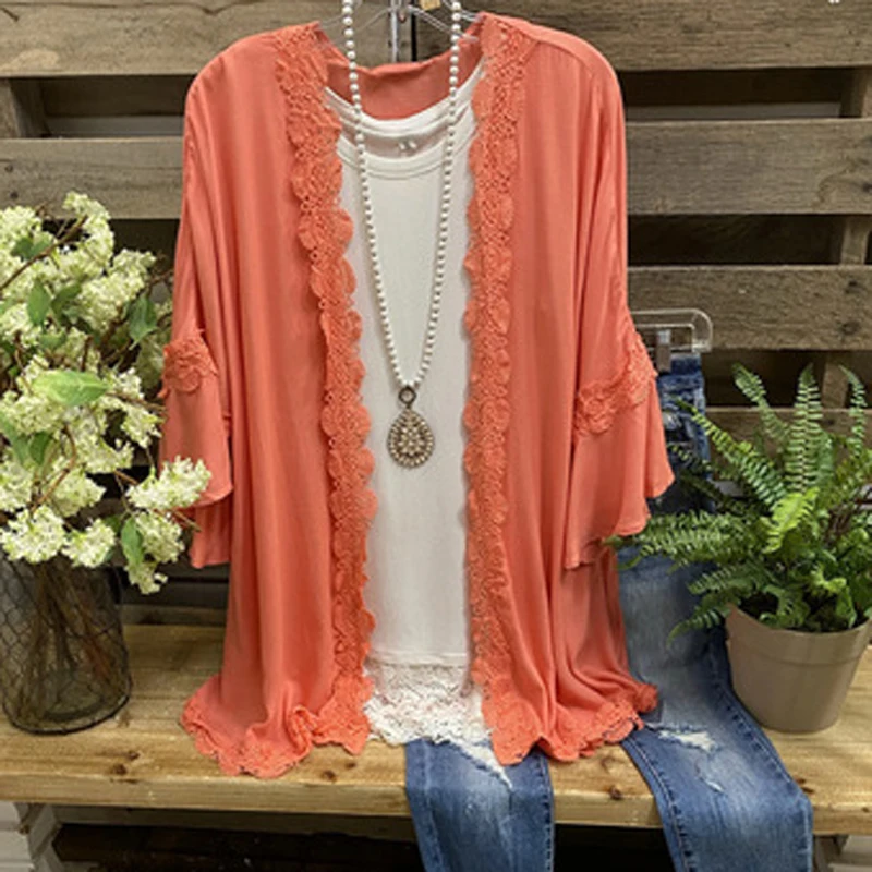 

Autumn Fashion Solid Color Laciness Ruffled Sleeve Cardigan Spring Long Sleeve Mid Length Coats Loose Women Casual Tops Outwear