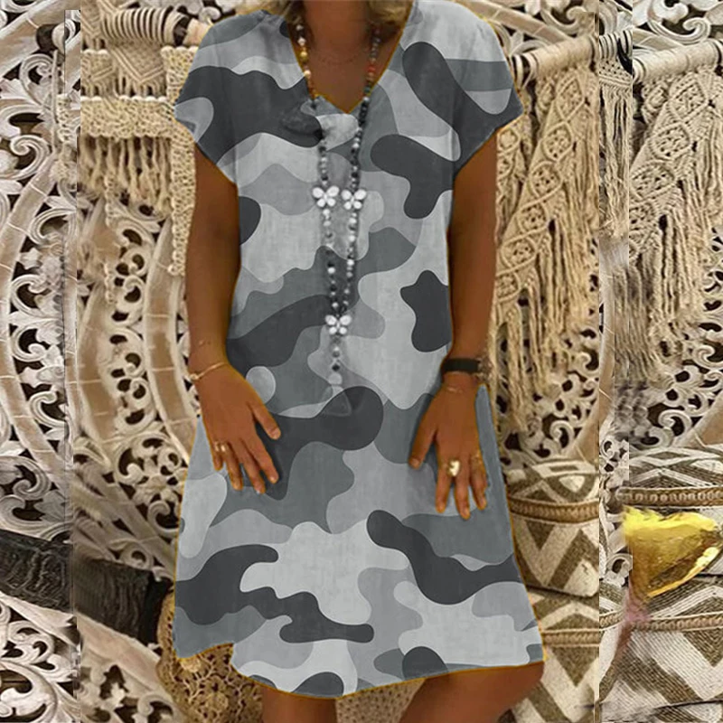 

Платье женское камуфляжное с принтом, свободный сарафан с коротким рукавом и V-образным вырезом, одежда в стиле бохо, большие размеры, размер...
