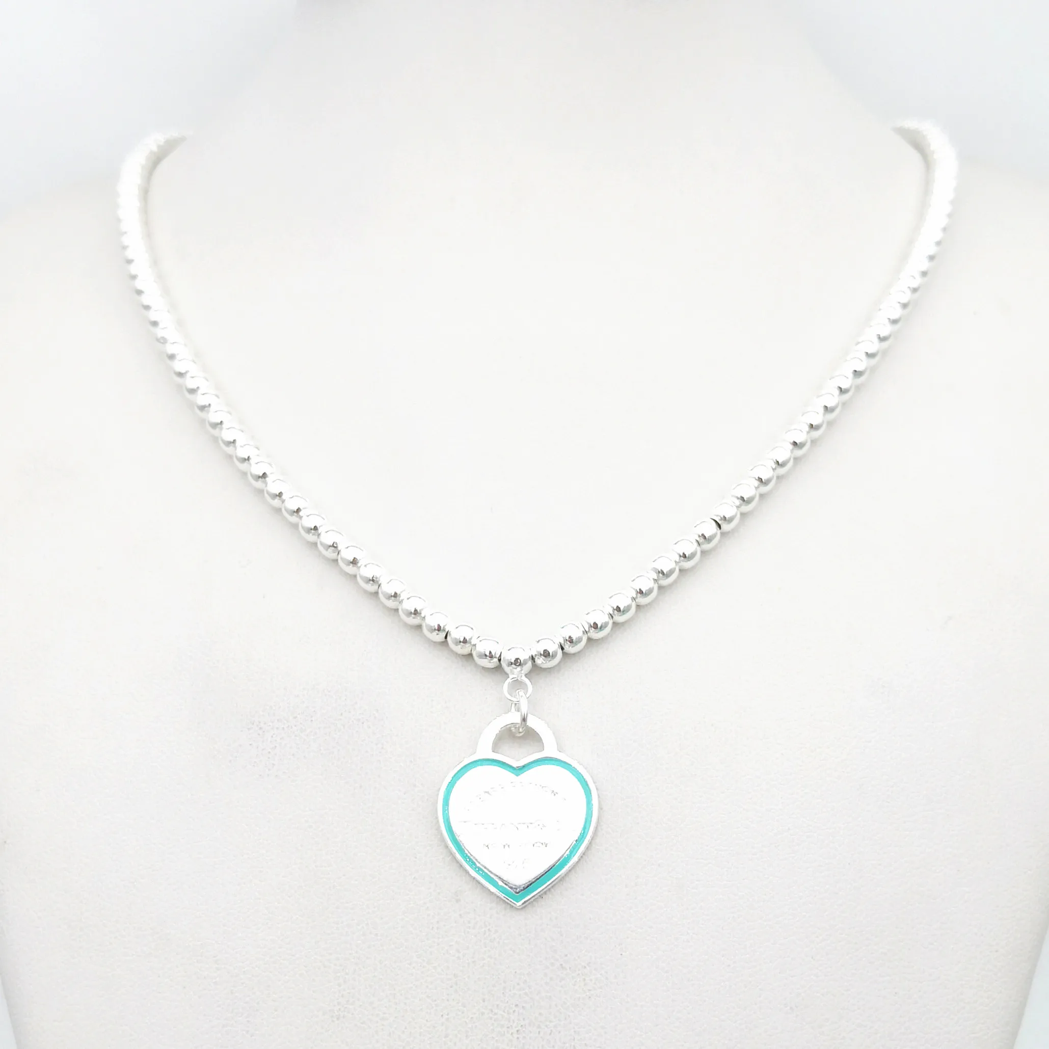 

Sterling Silver 925 Classic Fashion Exclusive Blue Enamel Heart-shaped Card Lady 4mm Ball Bead Necklace Jewelry Holiday Gift