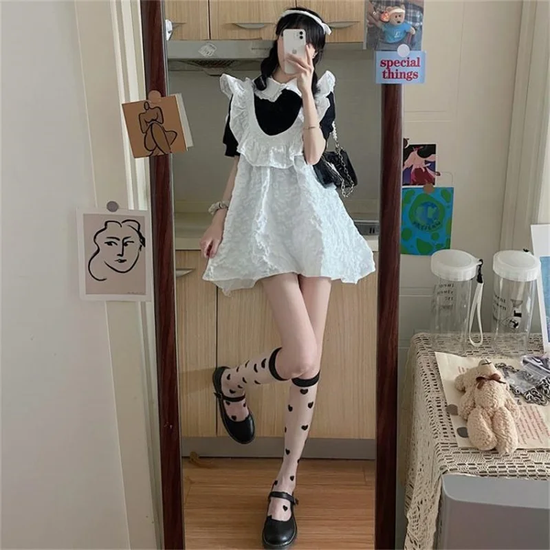 

Japanese Sweety Soft Girl Suit Cute Peter Pan Collar Puff Sleeve Lace Shirt Vintage Jacquard Ruffles Sling Dress Two-piece Suit