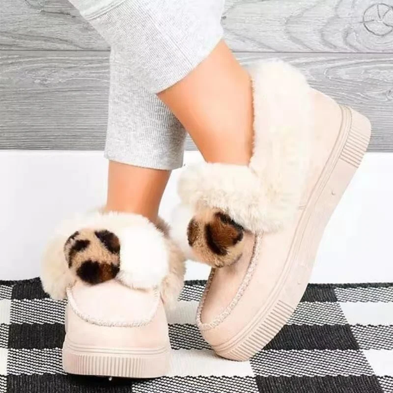 

2021 Beige Cotton Shoes Leather Mouth Snow Boots Women Winter Warm Short Boots Non-slip Velvet Bread Shoes Lovely Plush Ball